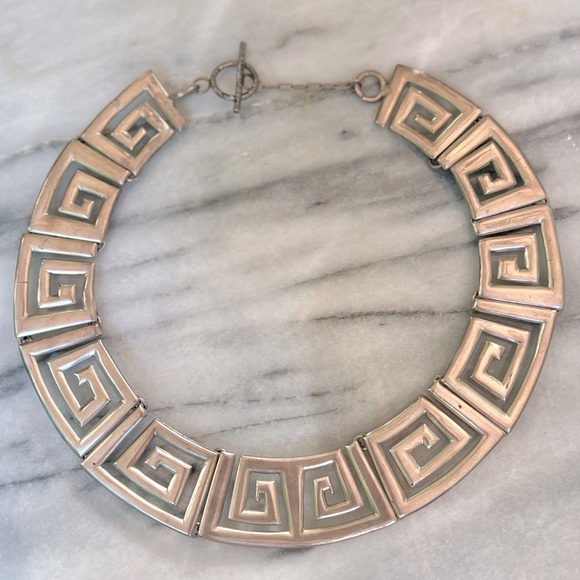 Modernist 925 Sterling Collar w/Greek Key Pattern, Stamped JS - Picture 1 of 7